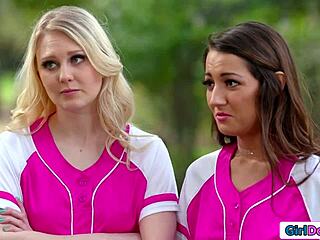 Busty blonde teen dives into lesbian action to join soccer team