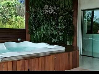 pool boy spies busty latina boss sunbathing and strokes wildly