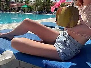 Real couple skinny babe teases juicy pussy bent over poolside hotel doggystyle romp