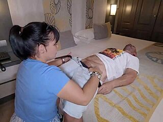 her wet latina milf pussy drips as boss bends her over hotel bed for creampie