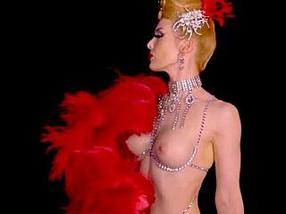 Skinny big boobed blonde milf Miranda strips from slutty burlesque costume fully naked