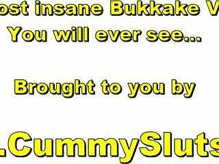 Petite brunette whore takes gangbang pounding then drowns in hot cum facials and bukkake