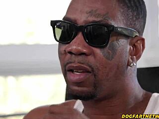 Tatted blondie slurps rapper's huge black cock before wild interracial pounding