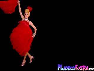 Skinny big boobed blonde milf Miranda strips from slutty burlesque costume fully naked