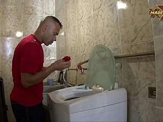 Technician fixes machine then blasts cum facial?