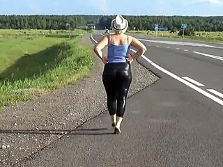 BIG BLONDE ASS STUFFED IN TIGHT LEATHER LEGGINGS CRAVING COCK!