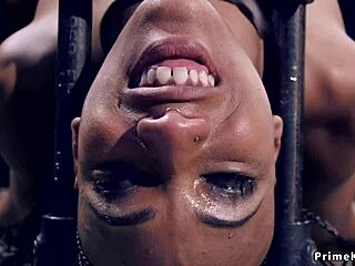 Flexible Ebony Slave Gags on Cock in Brutal Backbend Bondage!