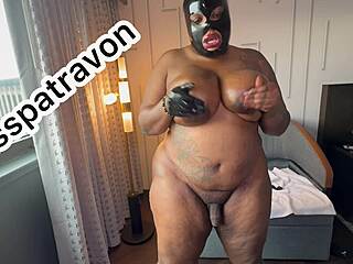 damn ebony bbw shemale's 70-inch ass jerks monster cock in latex hood 🔥🍑