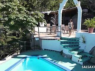 tattooed latina fingers sloppy big pussy lips by pool outdoor public monster cock tease