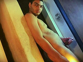 Muscular hunk's massive cock grinds sexy pelvic thrusts against the wall