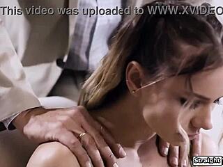 Stepdad commands young petite student to lick shaved stepdaughter's pussy and ass in taboo threesome voyeur session