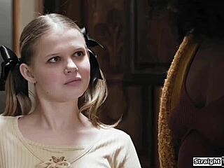 yo this sexy teen with small shaved tits seduces her black stepdaddy's huge cock for interracial deepthroat kiss