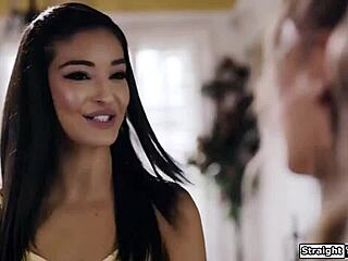 Stepdad commands young petite student to lick shaved stepdaughter's pussy and ass in taboo threesome voyeur session