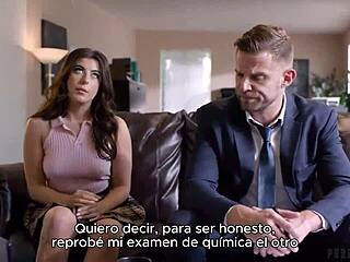 obedient slut kneels to suck boss cock first. then she spreads for intense fuck with spanish subtitles