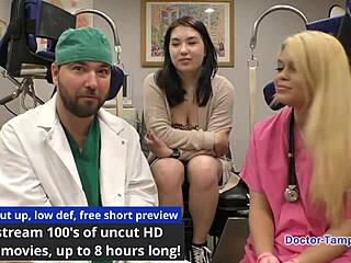 Dr Tampa and Siccos uncover Mina Moon's huge shaved pussy backstage in latex gloves