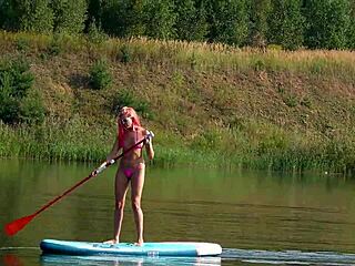 sup girl in pink micro bikini flashing skinny tits outdoors