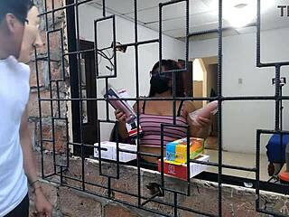 That horny latina neighbor student in lingerie shakes huge ass, masturbates with salesman's sex toys in kinky cuckold roleplay