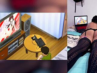 Exotic latina babe reacts to hot hentai blowjobs craving cum on big tits and ass