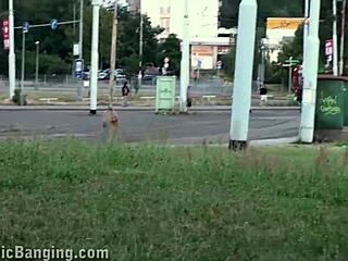 Young Blonde Cutie Takes Street Gangbang Threesome Pound from Two Studs