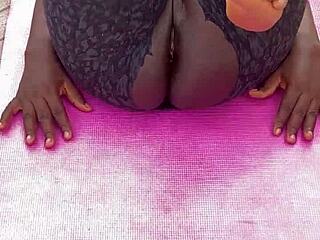 Pretty ebony milf housewife flashes wet shaved pussy during outdoor morning workout