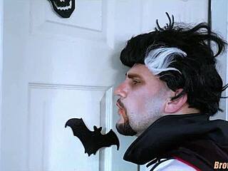 Black teen ebony babe sucks cocks through Halloween glory hole