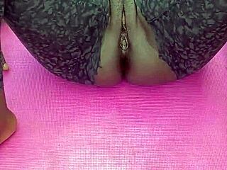 Pretty ebony milf housewife flashes wet shaved pussy during outdoor morning workout