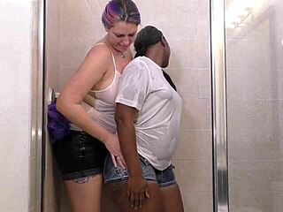 Tall Ebony Milf's Big Natural Tits and Wet Ass Worshipped in Messy Interracial Shower Kiss