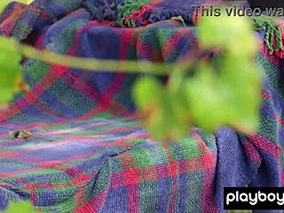 Petite Asian Katana strips naked outdoors flashing shaved exotic pussy!