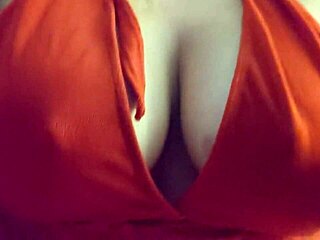 My heart races seeing her huge tits spilling from red lingerie
