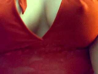 My heart races seeing her huge tits spilling from red lingerie