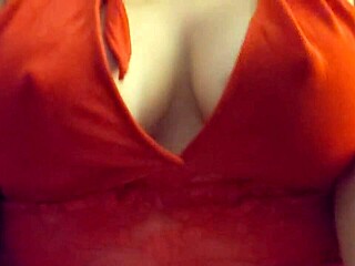 My heart races seeing her huge tits spilling from red lingerie