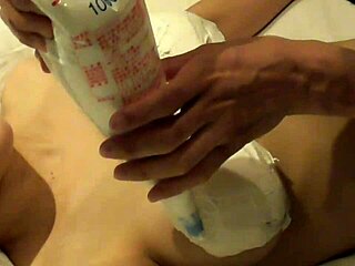 Girlfriend licks whipped cream off her big homemade tits