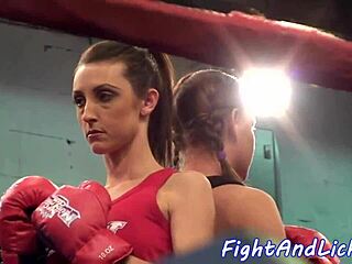 Busty European lesbian babes wrestle and fight on floor close-up