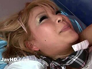 Two studs ravage japanese blonde schoolgirl whore in uniform