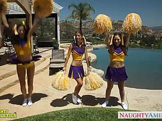 Cheerleader Presley Hart sucks and fucks poolside outdoors