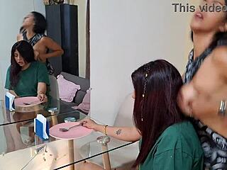 Busty Latina Stepmom Fingers Stepdaughter's Wet Pussy New Year's Eve