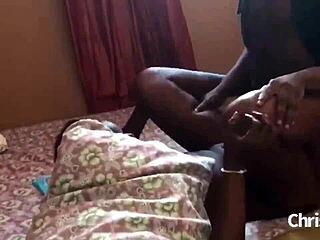 bts of amateur ebony couple fucking missionary on bed with handjob action