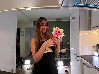 Mysterious sexy brunette in dormitory kitchen nightie teases long legs ignoring boredom