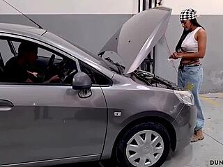 sexy latina bodybuilder with huge tits and ass worships his monster cock in broken-down car