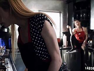 aiden ashley and maya woulfe kiss passionately then lick in kitchen