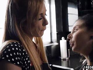 aiden ashley and maya woulfe kiss passionately then lick in kitchen