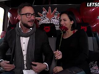 German brunette babe flashes tits on bus valentines pickup then rides doggystyle hardcore backseat cowgirl with cumshot letsdoeit