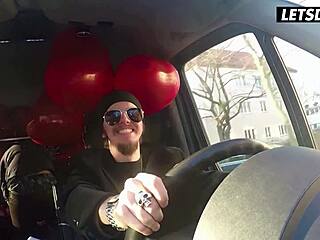 German brunette babe flashes tits on bus valentines pickup then rides doggystyle hardcore backseat cowgirl with cumshot letsdoeit