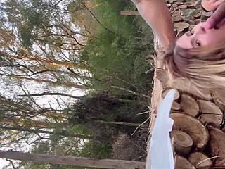 She sucked his throbbing cock before riding it wildly and swallowing every drop deep in the woods with her boyfriend