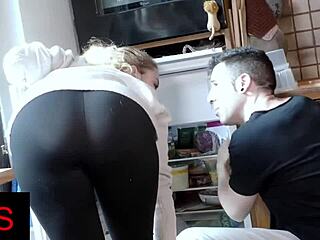 Slutty blonde milf's shaved pussy squirts from kitchen doggystyle rimjob then cowgirl cum swallow