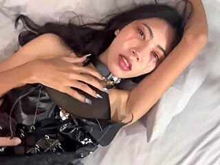 Skinny Asian babe rides huge cock cum-drenched in devil costume