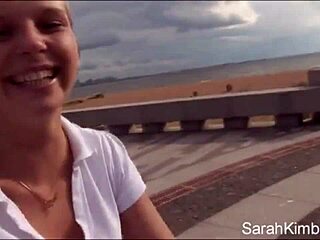 Sweet sarah kimble rollerblades park path flashing small tits and pussy closeup naked outdoors