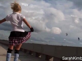 Sweet sarah kimble rollerblades park path flashing small tits and pussy closeup naked outdoors
