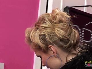 Two busty blondes shop then drop to knees sucking big cock before riding in stockings heels