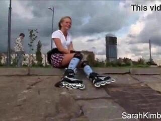Sweet sarah kimble rollerblades park path flashing small tits and pussy closeup naked outdoors